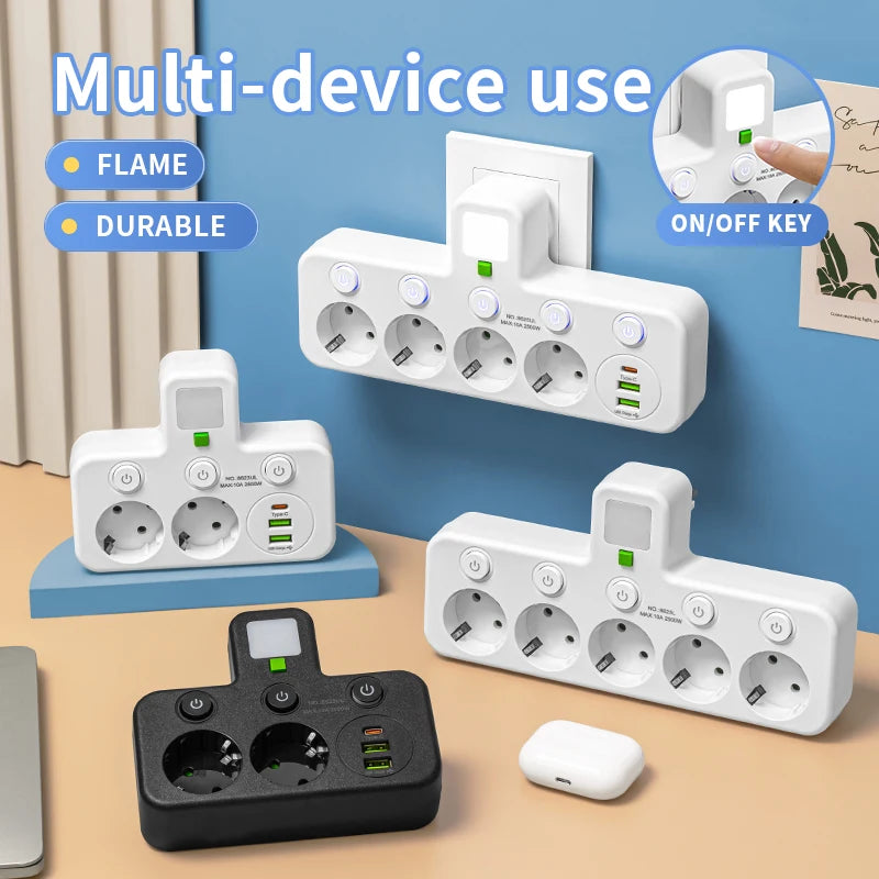 EU Plug Outlet Power Strip – 4 Sockets, 2 USB, 1 Type-C, 2500W Max! ⚡