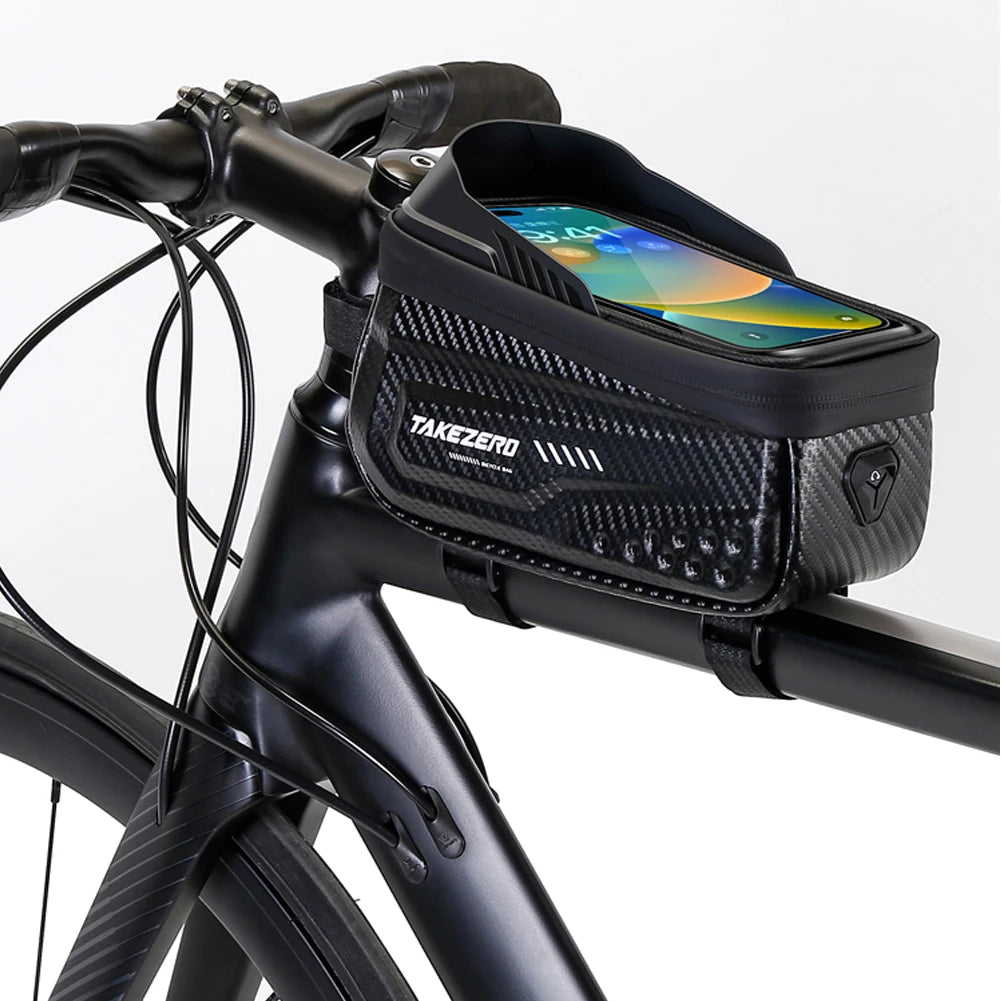 Rainproof Bike Bag, Carbon Fiber PU Front Cell Phone Holder with 6.8" Touchscreen