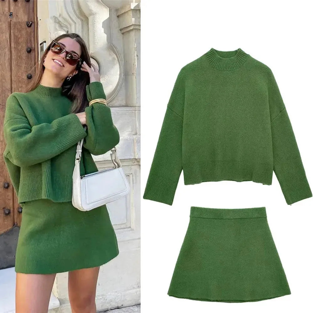 Ladies Autumn Winter Skirt Suit - Long Sleeve O-Neck Sweater & Elegant Solid Slim A-Line Mini Skirt Set