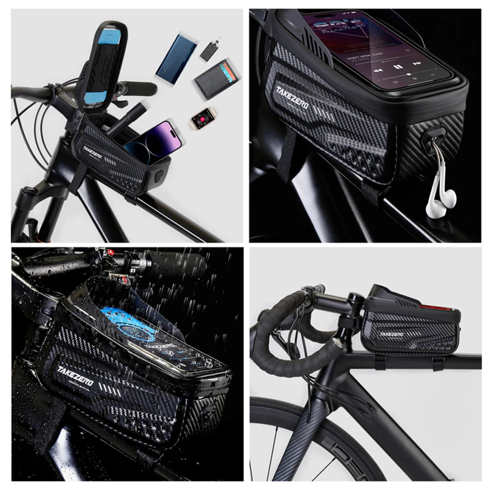 Rainproof Bike Bag, Carbon Fiber PU Front Cell Phone Holder with 6.8" Touchscreen