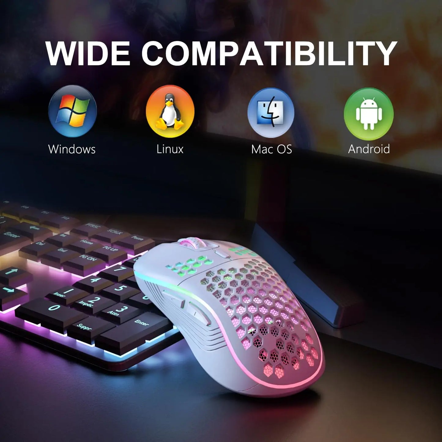 Wireless RGB Gaming Mouse Adjustable DPI Ergonomic Honeycomb Design for PC & Laptop