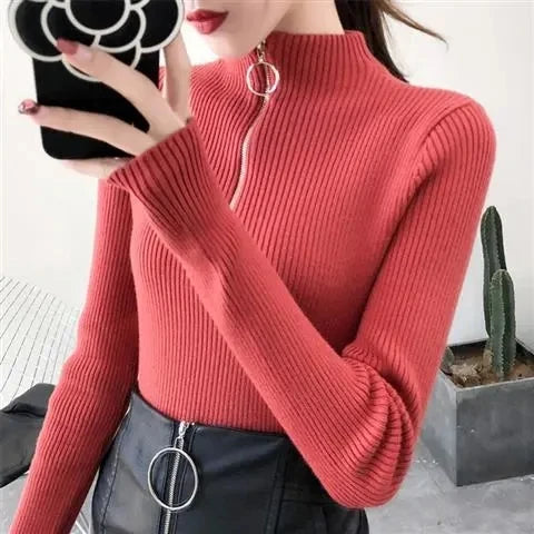 Knitted Women’s Zipper Half High Neck Sweater – Slim Solid Pullover for Autumn & Winter