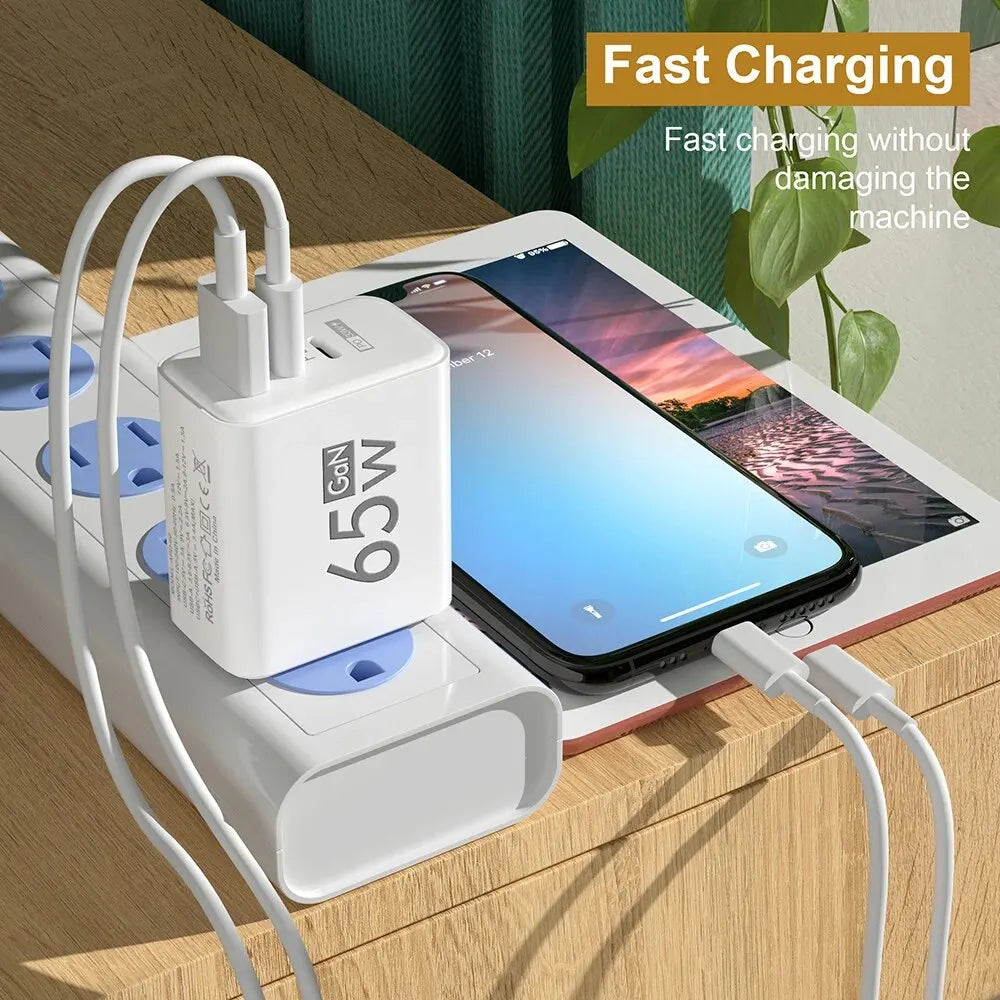 65W GaN USB PD Charger 3 Ports Fast Charging for iPhone 16 Pro Max, Samsung