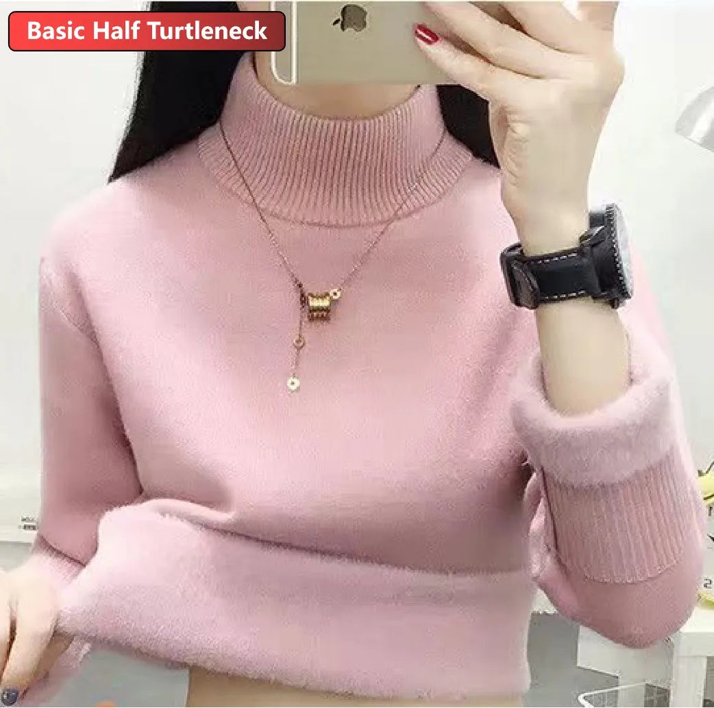 Turtleneck Winter Sweater for Women – Elegant Velvet Lined Slim Fit Knitted Pullover