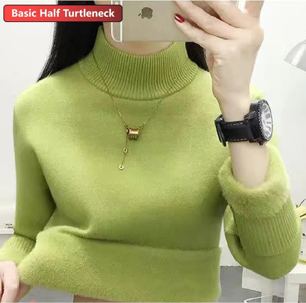 Turtleneck Winter Sweater for Women – Elegant Velvet Lined Slim Fit Knitted Pullover