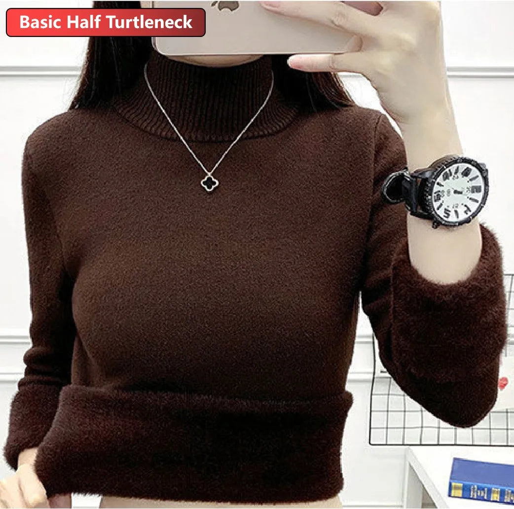 Turtleneck Winter Sweater for Women – Elegant Velvet Lined Slim Fit Knitted Pullover