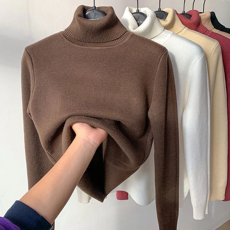 Turtleneck Winter Sweater for Women – Elegant Velvet Lined Slim Fit Knitted Pullover