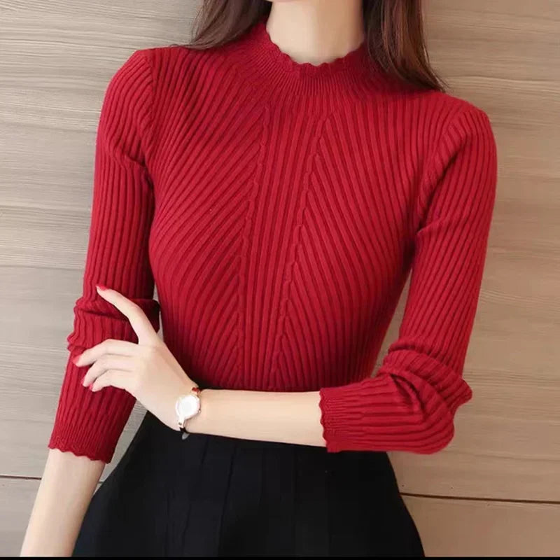 Women’s Mock Neck Ruffle Sweater – Long Sleeve Knitted Pullover