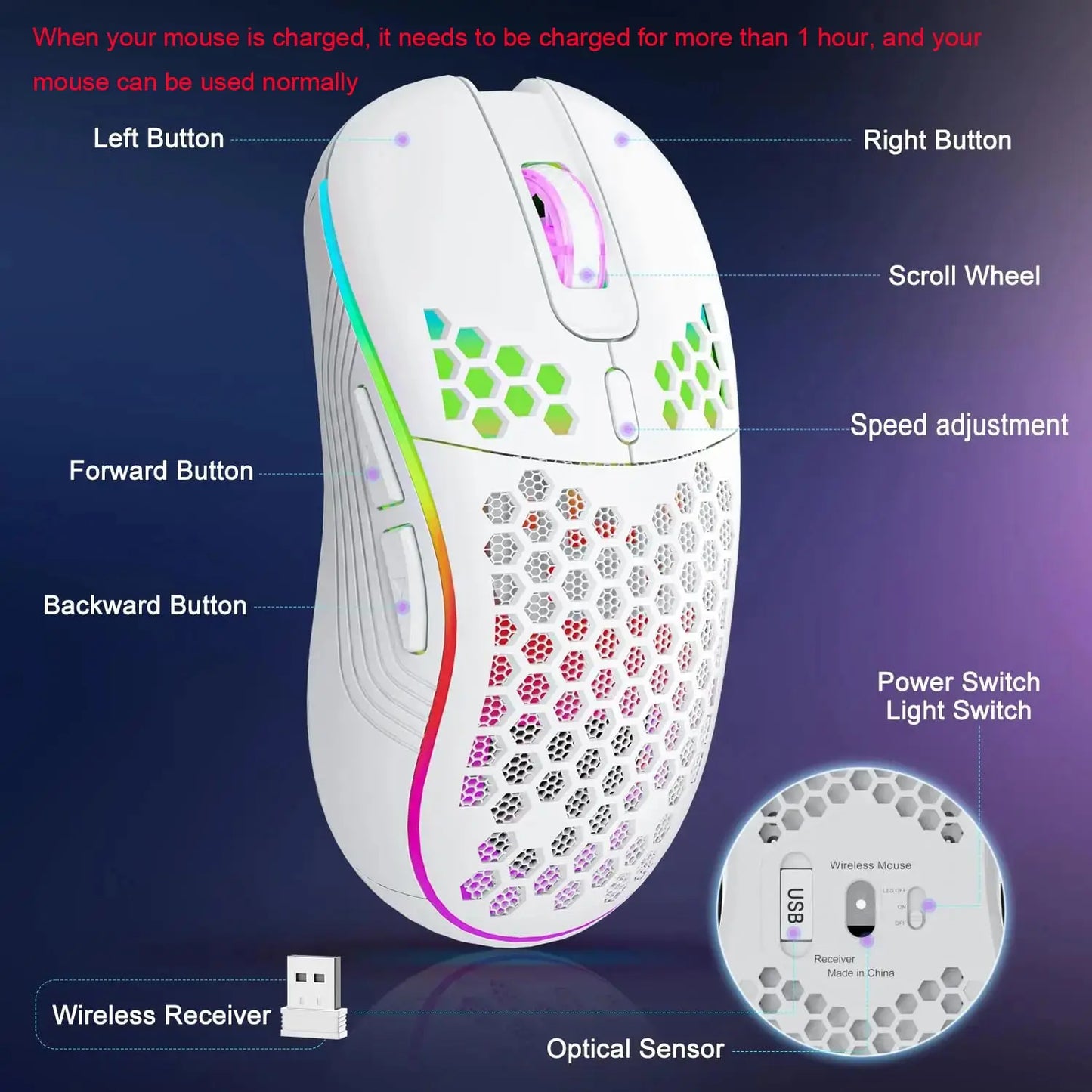 Wireless RGB Gaming Mouse Adjustable DPI Ergonomic Honeycomb Design for PC & Laptop