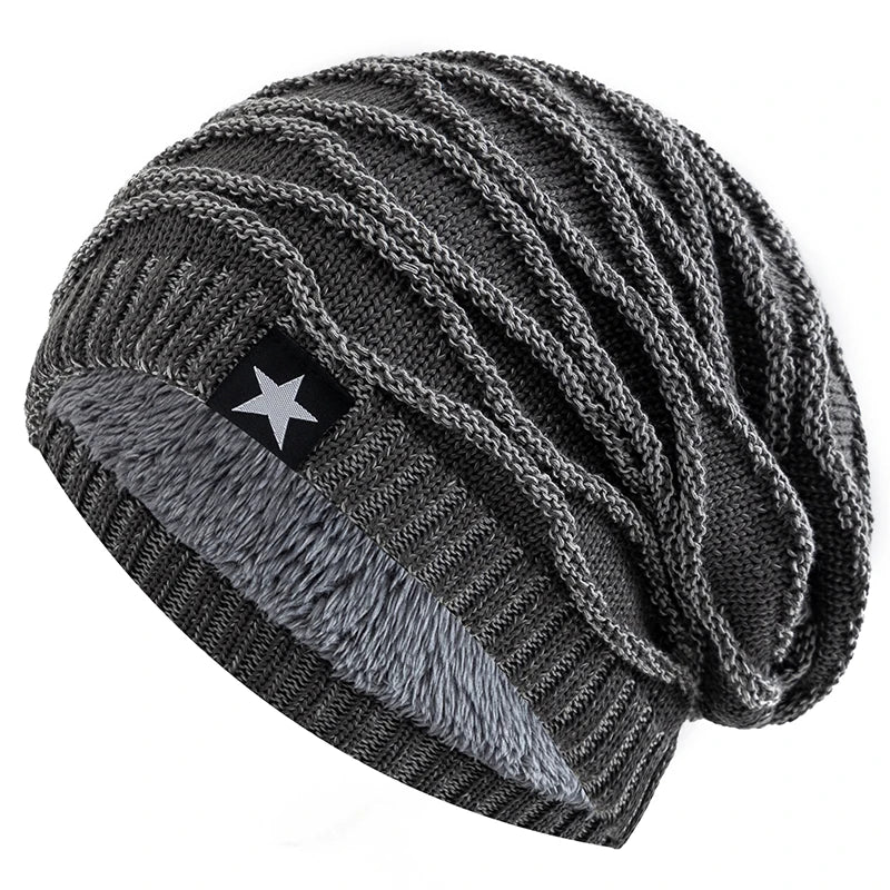 Unisex Slouchy Winter Hat – Fur Lined Beanie with Five-Pointed Star Decor, Warm Knitted Cap