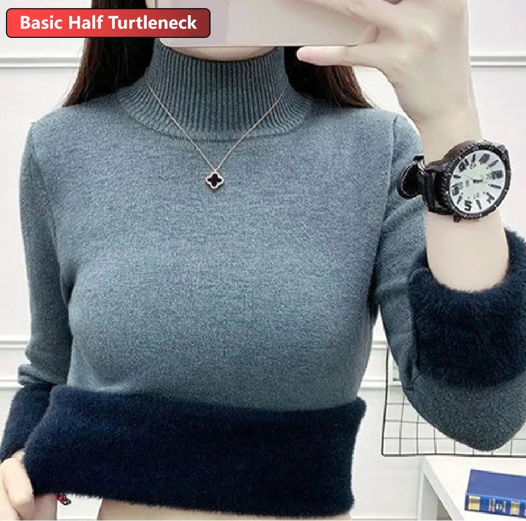 Turtleneck Winter Sweater for Women – Elegant Velvet Lined Slim Fit Knitted Pullover