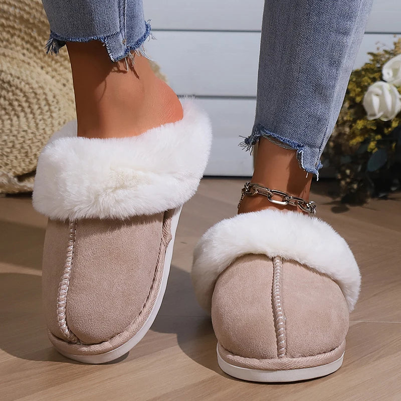 2023 Winter Warm Flat Fur Slippers – Women Faux Suede Furry Comfort Home Slides