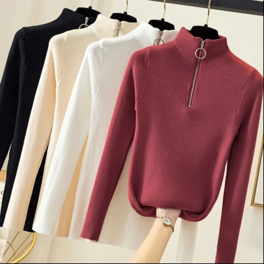 Knitted Women’s Zipper Half High Neck Sweater – Slim Solid Pullover for Autumn & Winter