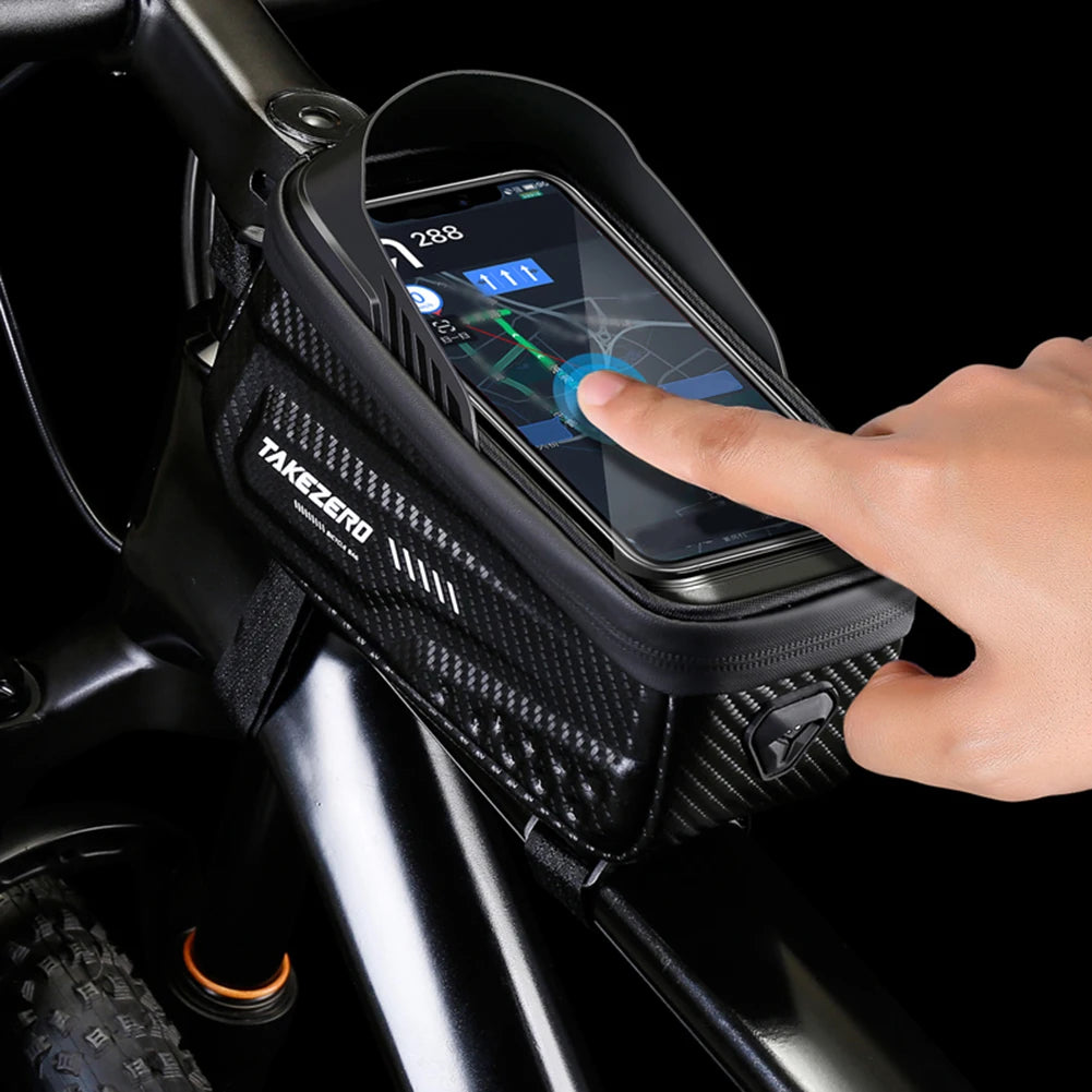 Rainproof Bike Bag, Carbon Fiber PU Front Cell Phone Holder with 6.8" Touchscreen