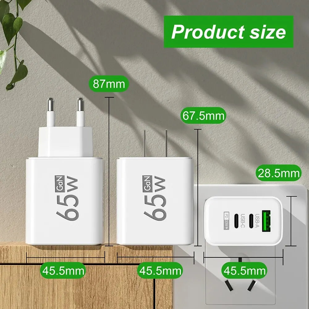 65W GaN USB PD Charger 3 Ports Fast Charging for iPhone 16 Pro Max, Samsung