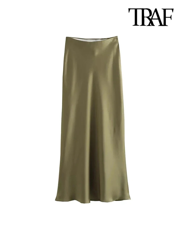 Women's Flowing Satin Midi Skirt – High Waist with Elastic Waistband, Chic Fashion Skirt