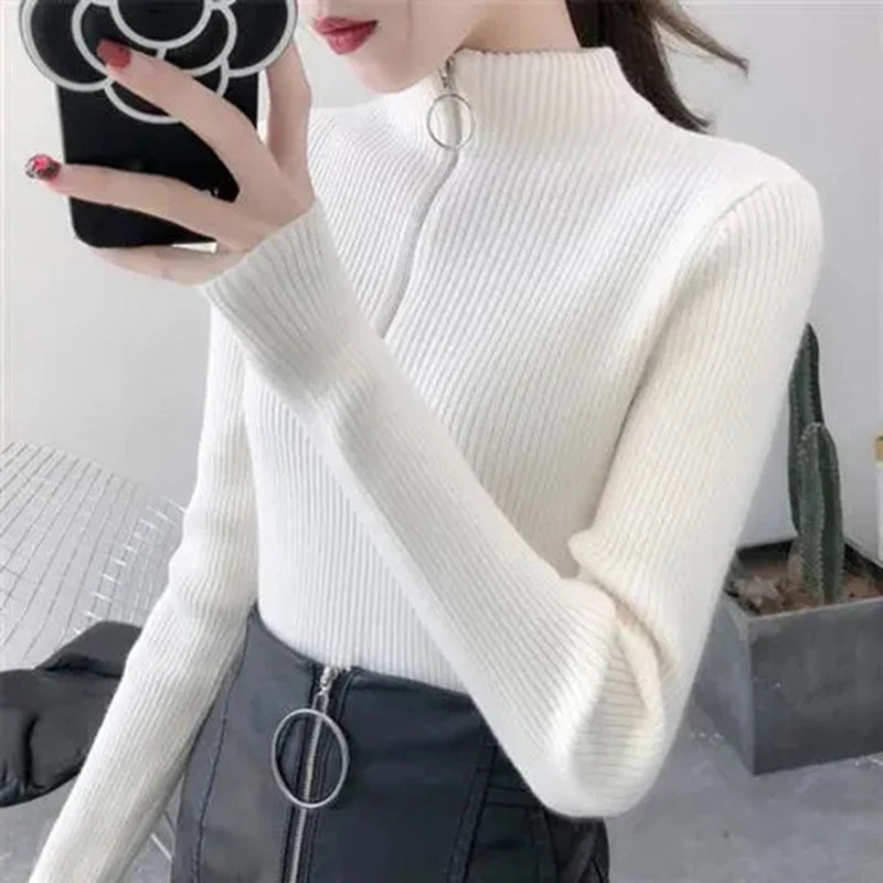 Knitted Women’s Zipper Half High Neck Sweater – Slim Solid Pullover for Autumn & Winter