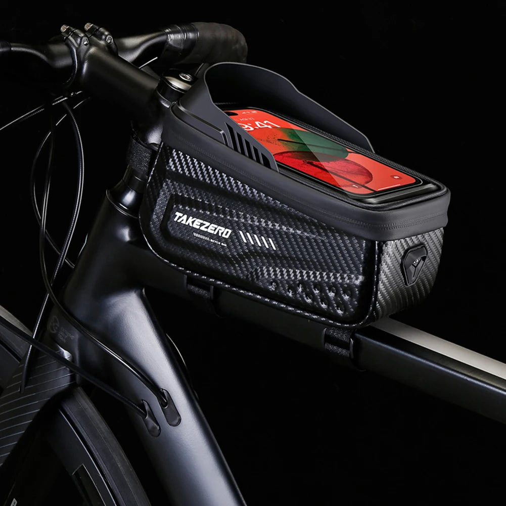 Rainproof Bike Bag, Carbon Fiber PU Front Cell Phone Holder with 6.8" Touchscreen