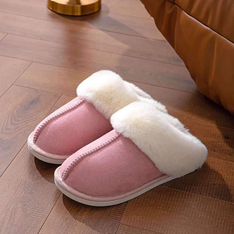 2023 Winter Warm Flat Fur Slippers – Women Faux Suede Furry Comfort Home Slides