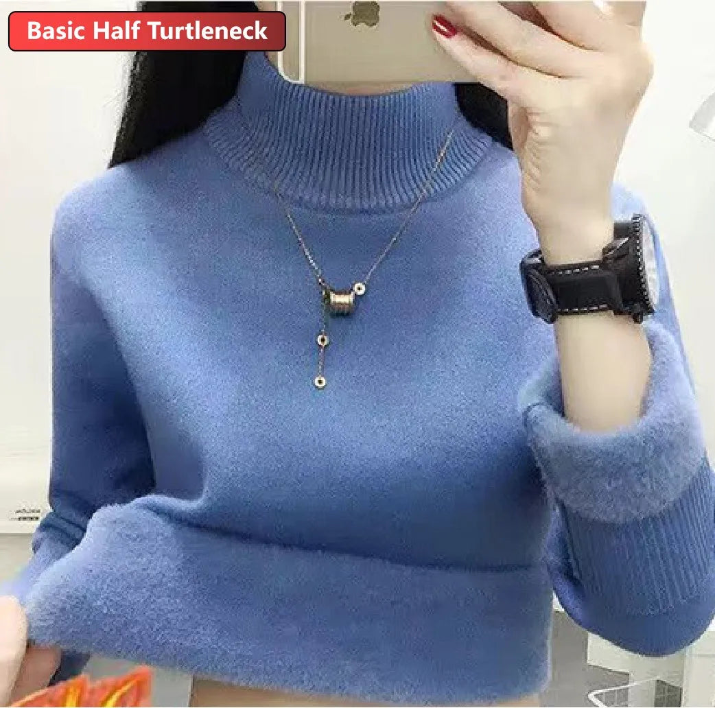 Turtleneck Winter Sweater for Women – Elegant Velvet Lined Slim Fit Knitted Pullover