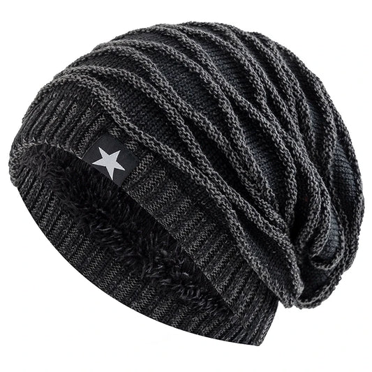 Unisex Slouchy Winter Hat – Fur Lined Beanie with Five-Pointed Star Decor, Warm Knitted Cap