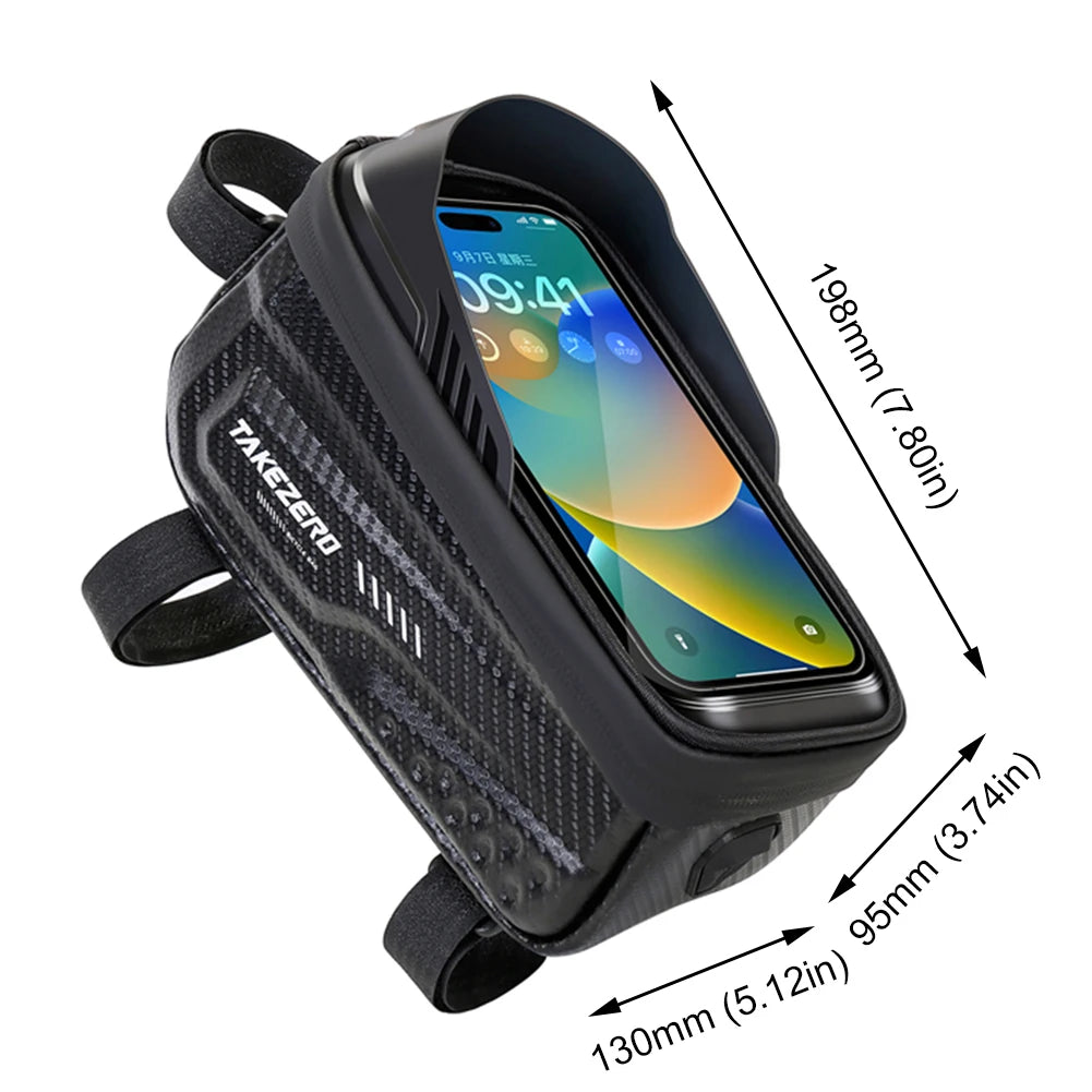 Rainproof Bike Bag, Carbon Fiber PU Front Cell Phone Holder with 6.8" Touchscreen