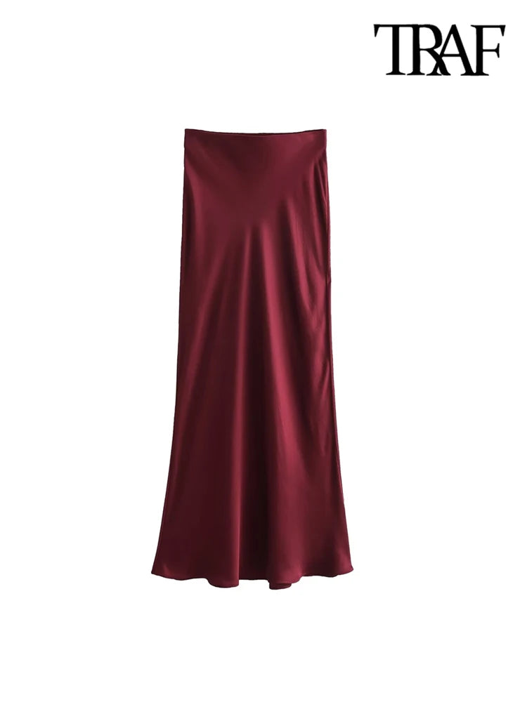 Women's Flowing Satin Midi Skirt – High Waist with Elastic Waistband, Chic Fashion Skirt