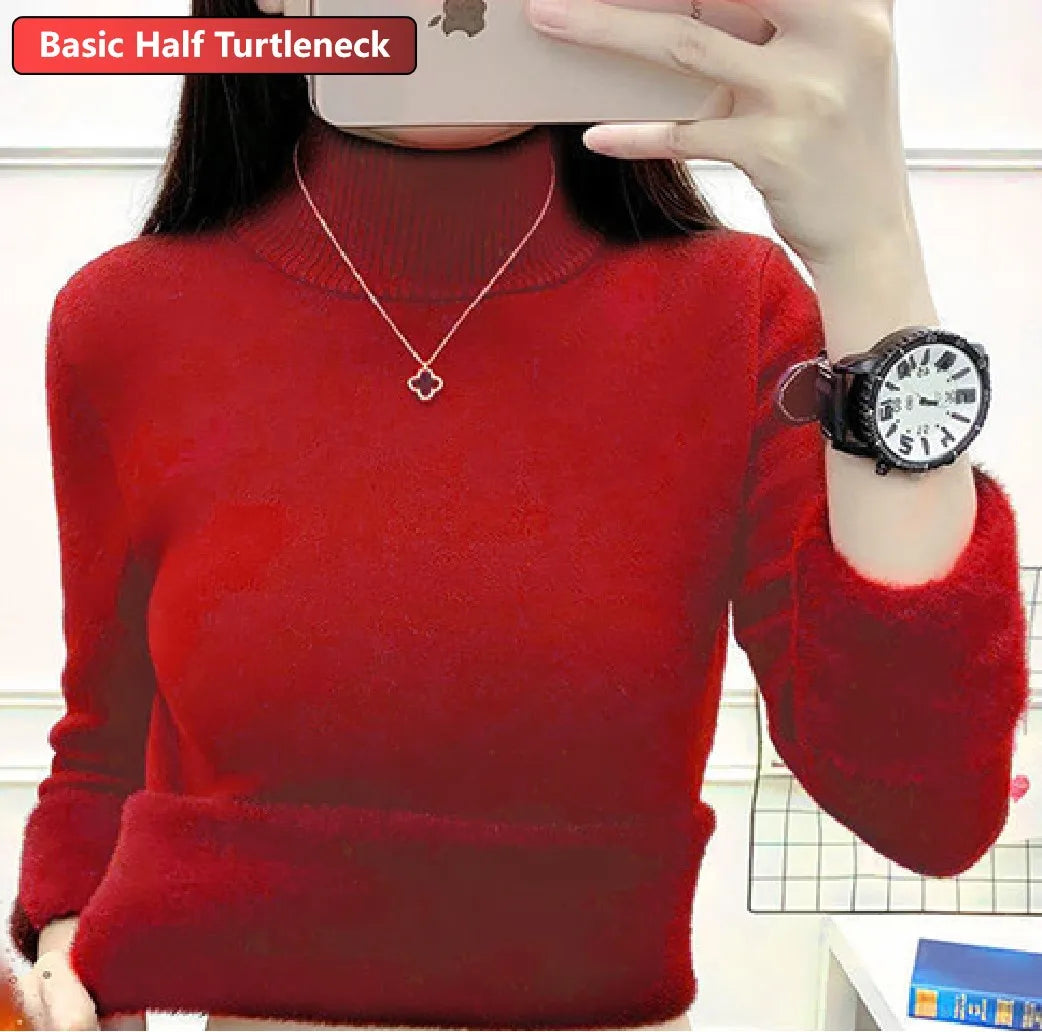 Turtleneck Winter Sweater for Women – Elegant Velvet Lined Slim Fit Knitted Pullover