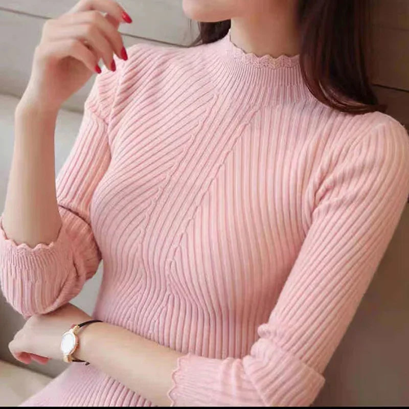 Women’s Mock Neck Ruffle Sweater – Long Sleeve Knitted Pullover