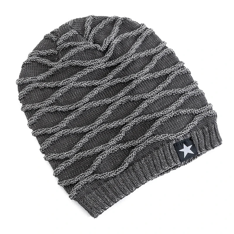 Unisex Slouchy Winter Hat – Fur Lined Beanie with Five-Pointed Star Decor, Warm Knitted Cap