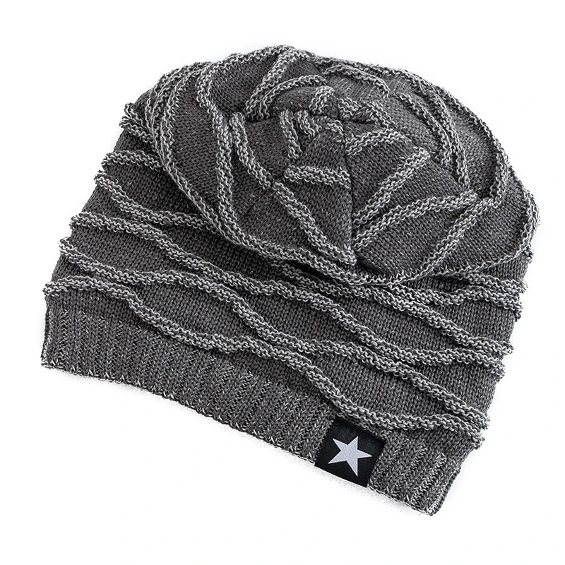 Unisex Slouchy Winter Hat – Fur Lined Beanie with Five-Pointed Star Decor, Warm Knitted Cap