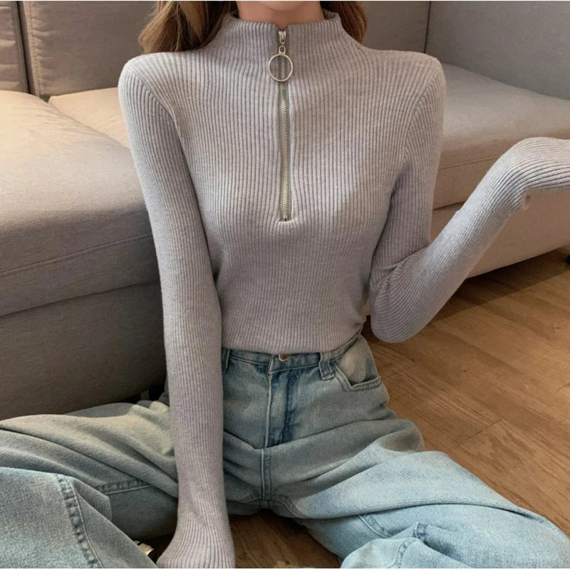 Knitted Women’s Zipper Half High Neck Sweater – Slim Solid Pullover for Autumn & Winter