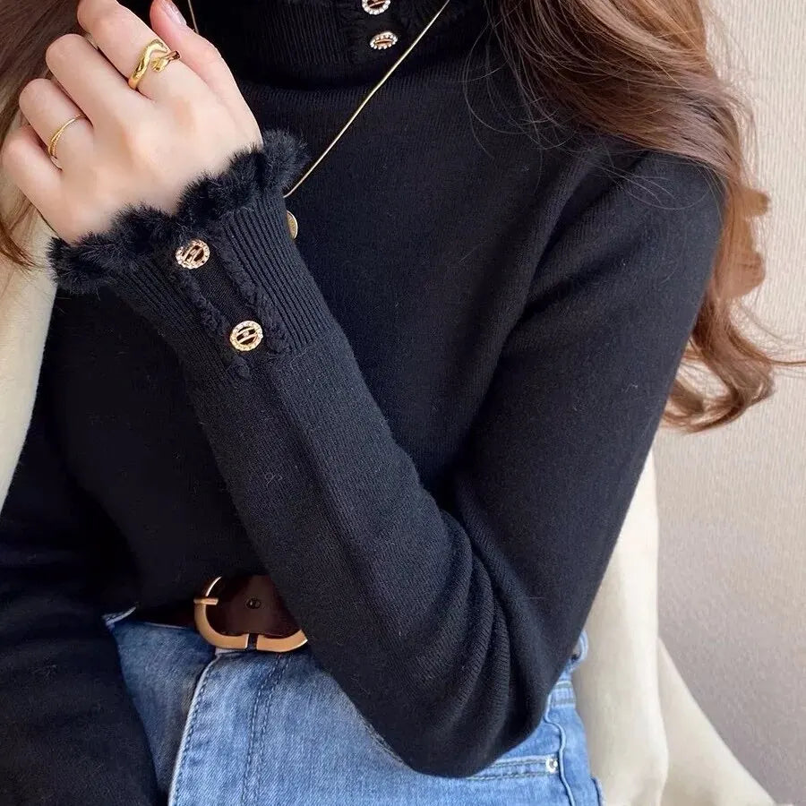 Velvet Sweater for Women – Warm Autumn/Winter Flocking Half-High Collar Top