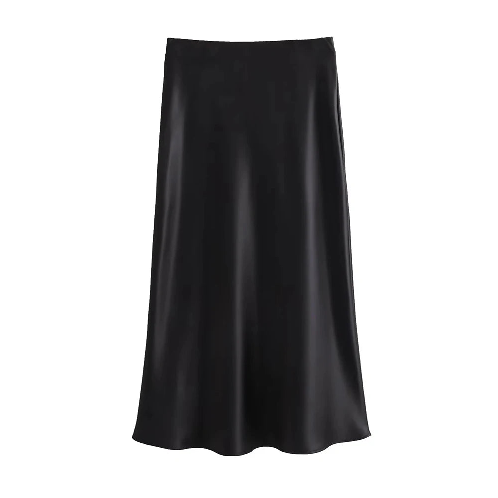 Women's Flowing Satin Midi Skirt – High Waist with Elastic Waistband, Chic Fashion Skirt