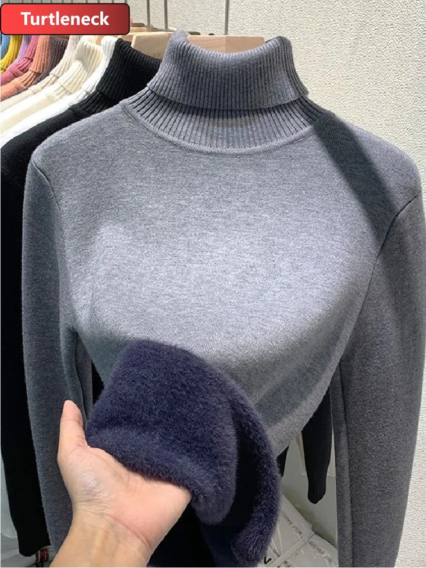 Turtleneck Winter Sweater for Women – Elegant Velvet Lined Slim Fit Knitted Pullover