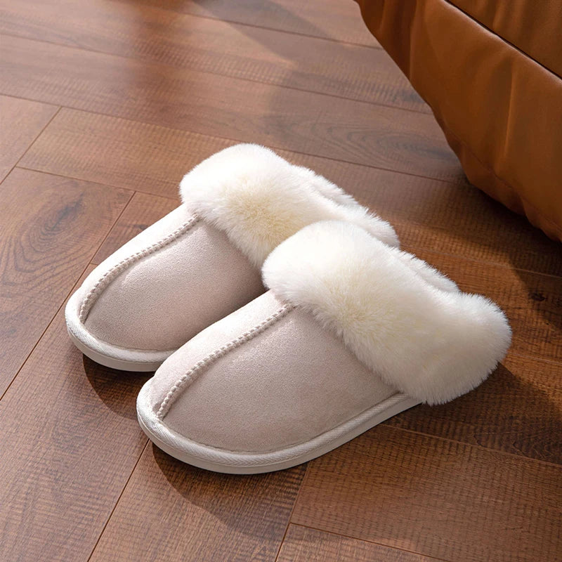 2023 Winter Warm Flat Fur Slippers – Women Faux Suede Furry Comfort Home Slides