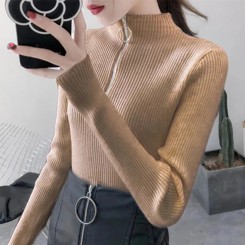 Knitted Women’s Zipper Half High Neck Sweater – Slim Solid Pullover for Autumn & Winter